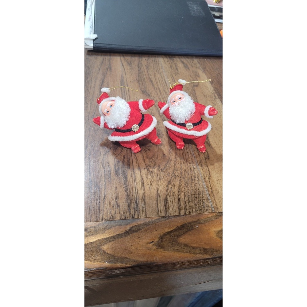Vintage Pair Of Santa Claus Flocked Tree Ornaments Christmas Holiday Japan